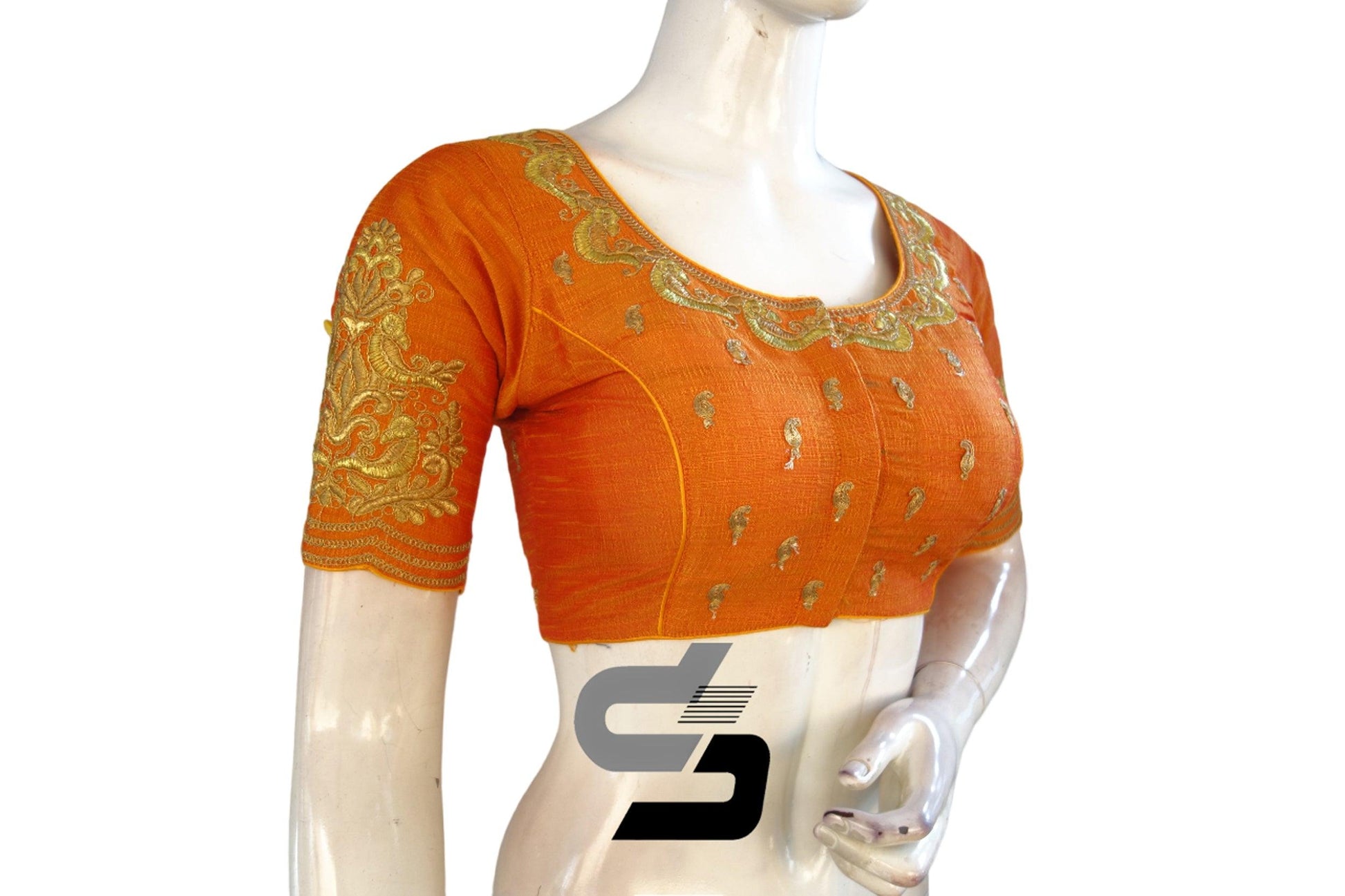 "Glamorous Mustard Orange: High Neck Designer Semi Silk Embroidery Readymade Saree Blouses" - D3blouses