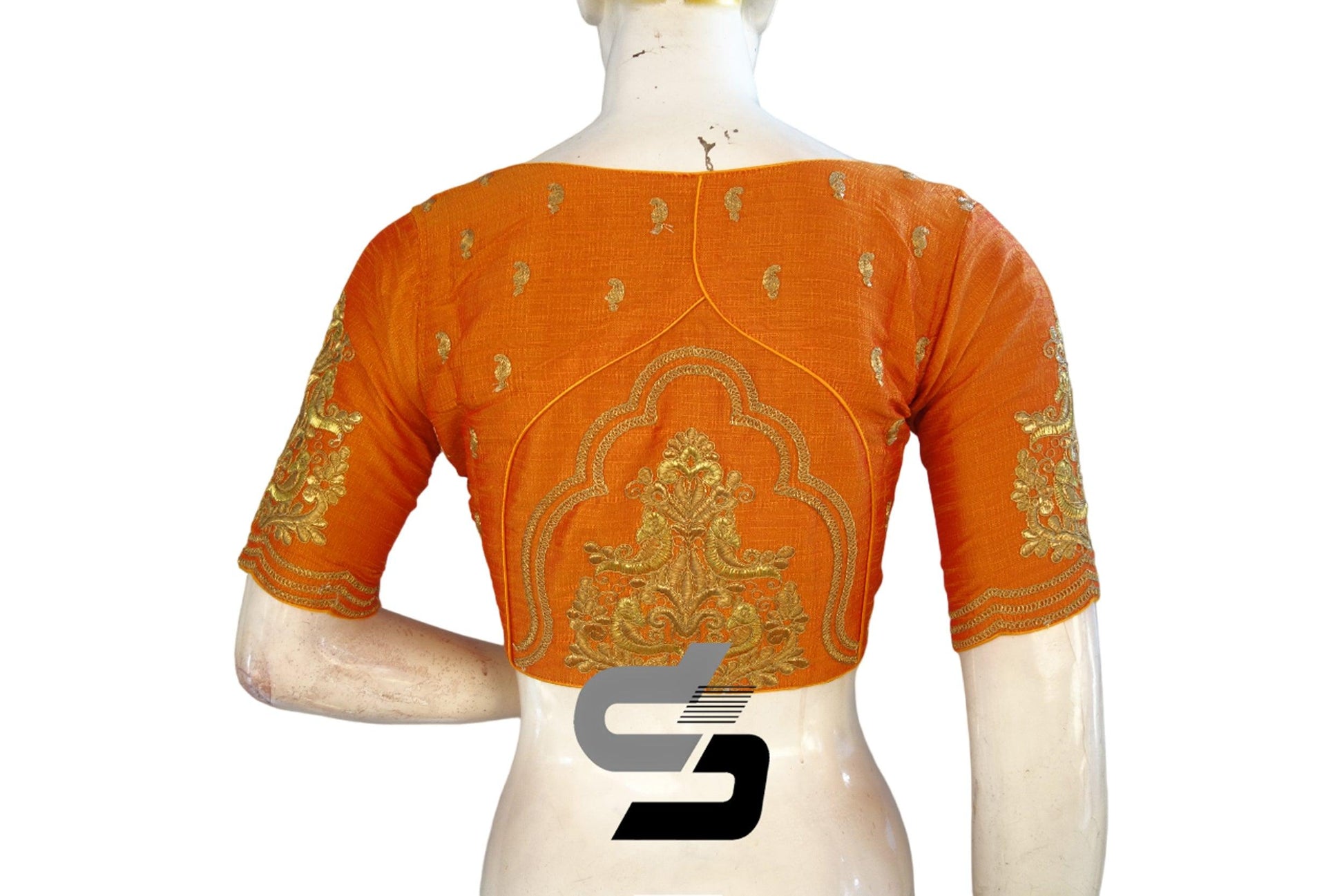 "Glamorous Mustard Orange: High Neck Designer Semi Silk Embroidery Readymade Saree Blouses" - D3blouses