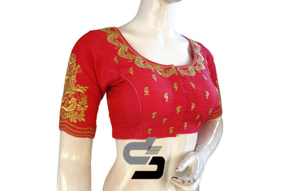 "Trendy Elegance: Pink Color High Neck Designer Semi Silk Blouses with Embroidery" - D3blouses