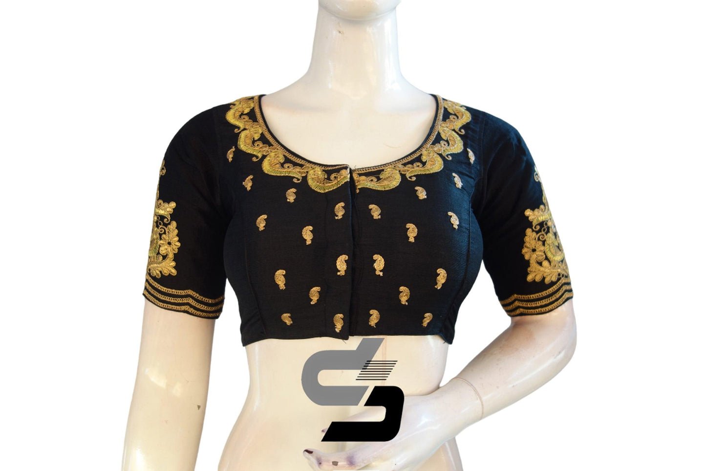 "Unleash Your Style: Black Color High Neck Designer Semi Silk Readymade Saree Blouses with Embroidery" - D3blouses