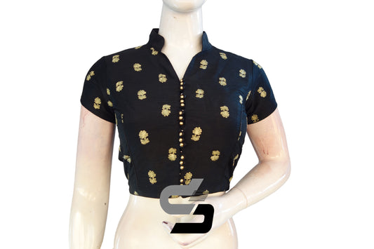 Black Semi Silk Designer Blouse and Crop top with Collar Neck: Classic Elegance meets Modern Design