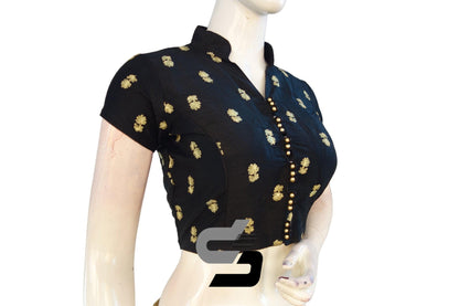 Black Semi Silk Designer Blouse and Crop top with Collar Neck: Classic Elegance meets Modern Design