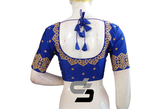 Royal Blue Color Designer Semi Silk Embroidery Readymade Blouses, Make a Statement - D3blouses