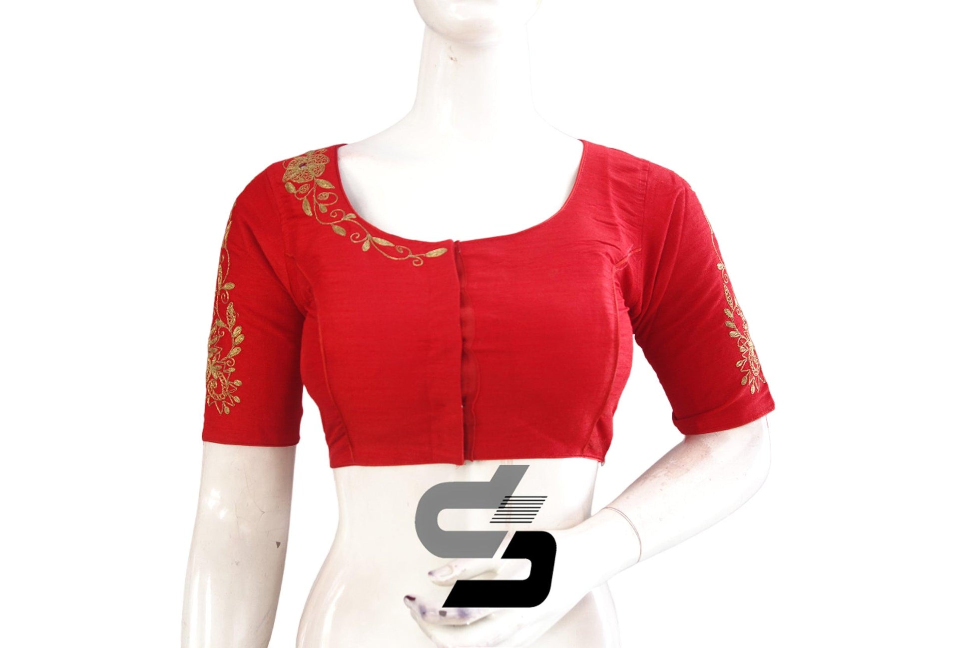 Red Color Semi Silk High Neck Embroidered Readymade Saree Blouses, Trendy and Chic - D3blouses