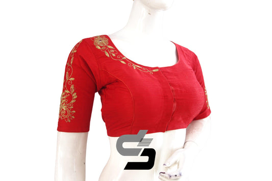 Red Color Semi Silk High Neck Embroidered Readymade Saree Blouses, Trendy and Chic - D3blouses