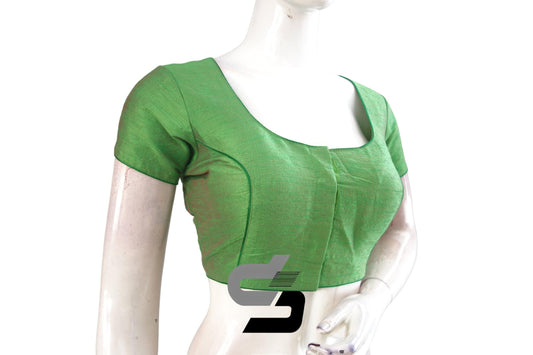 Green Color Plain Semi Silk Readymade Saree Blouse with Short Sleeves, Stylish and Elegant - D3blouses