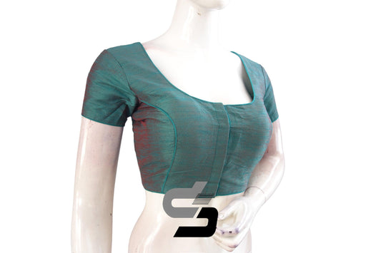 Teal Blue Color Plain Silk Readymade Saree Blouse with Short Sleeves, Discover the Charm - D3blouses