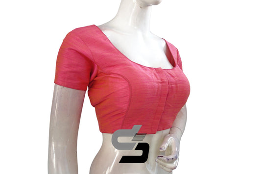 Peach Pink Plain Semi Silk Readymade Saree Blouse (Short Sleeves), Modern and Chic - D3blouses