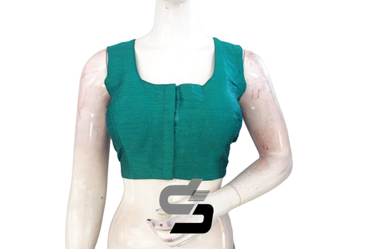 Teal Plain Silk Readymade Saree Blouse (Sleeveless), Upgrade Your Saree Collection - D3blouses
