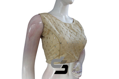Light Gold Shade Sleeveless Semi Silk Foil Mirror Designer Readymade Blouse, Glamorous Party Wear - D3blouses
