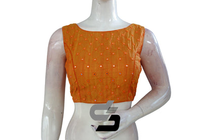 Mustard Orange Exclusive Sleeveless Semi Silk Foil Mirror Readymade Blouse, Exquisite Craftsmanship - D3blouses