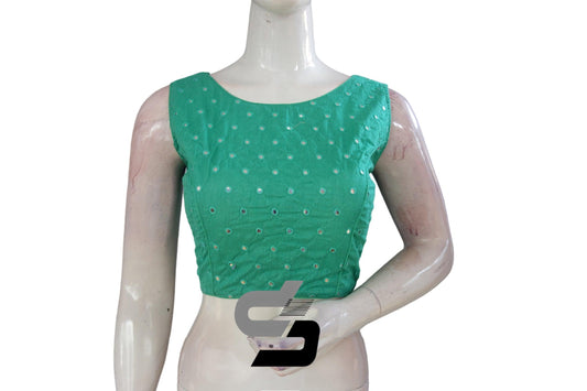 Teal Green Sleeveless Semi Silk Foil Mirror Readymade Blouse, Stunning Indian Crop Tops - D3blouses