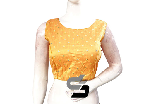 Mustard Yellow Sleeveless Party Wear Blouse in Semi Silk with Foil Mirror, Elevate Your Style - D3blouses
