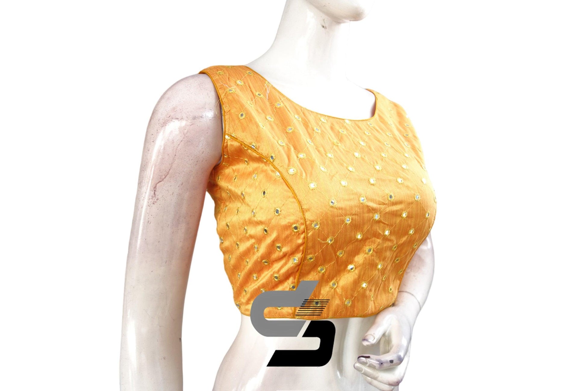 Mustard Yellow Sleeveless Party Wear Blouse in Semi Silk with Foil Mirror, Elevate Your Style - D3blouses