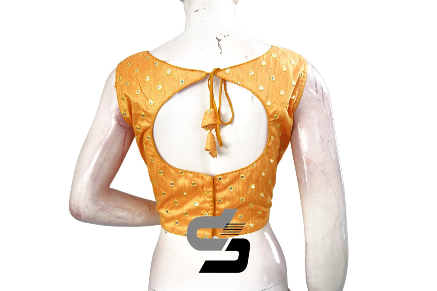 Mustard Yellow Sleeveless Party Wear Blouse in Semi Silk with Foil Mirror, Elevate Your Style - D3blouses