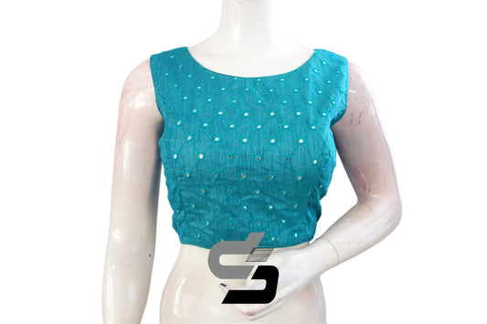 Teal Blue Designer Sleeveless Semi Silk Foil Mirror Readymade Blouse, Fashionably Chic - D3blouses