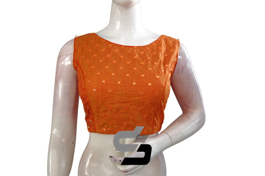 Mustard Orange Sleeveless Semi Silk Blouse with Foil Mirror Embellishments, Shine Bright - D3blouses