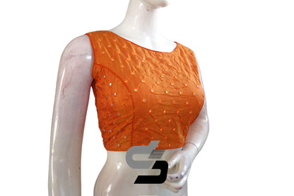 Mustard Orange Sleeveless Semi Silk Blouse with Foil Mirror Embellishments, Shine Bright - D3blouses