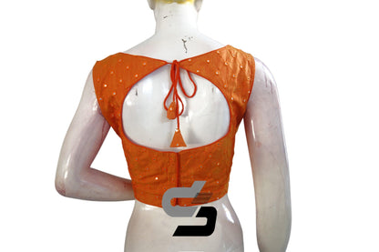 Mustard Orange Sleeveless Semi Silk Blouse with Foil Mirror Embellishments, Shine Bright - D3blouses