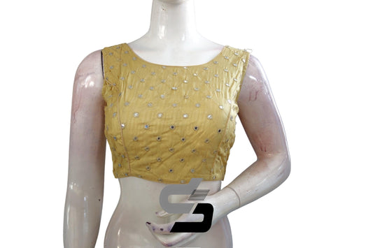 Gold Color Sleeveless Semi Silk Foil Mirror Designer Readymade Blouse, Party-ready Perfection - D3blouses