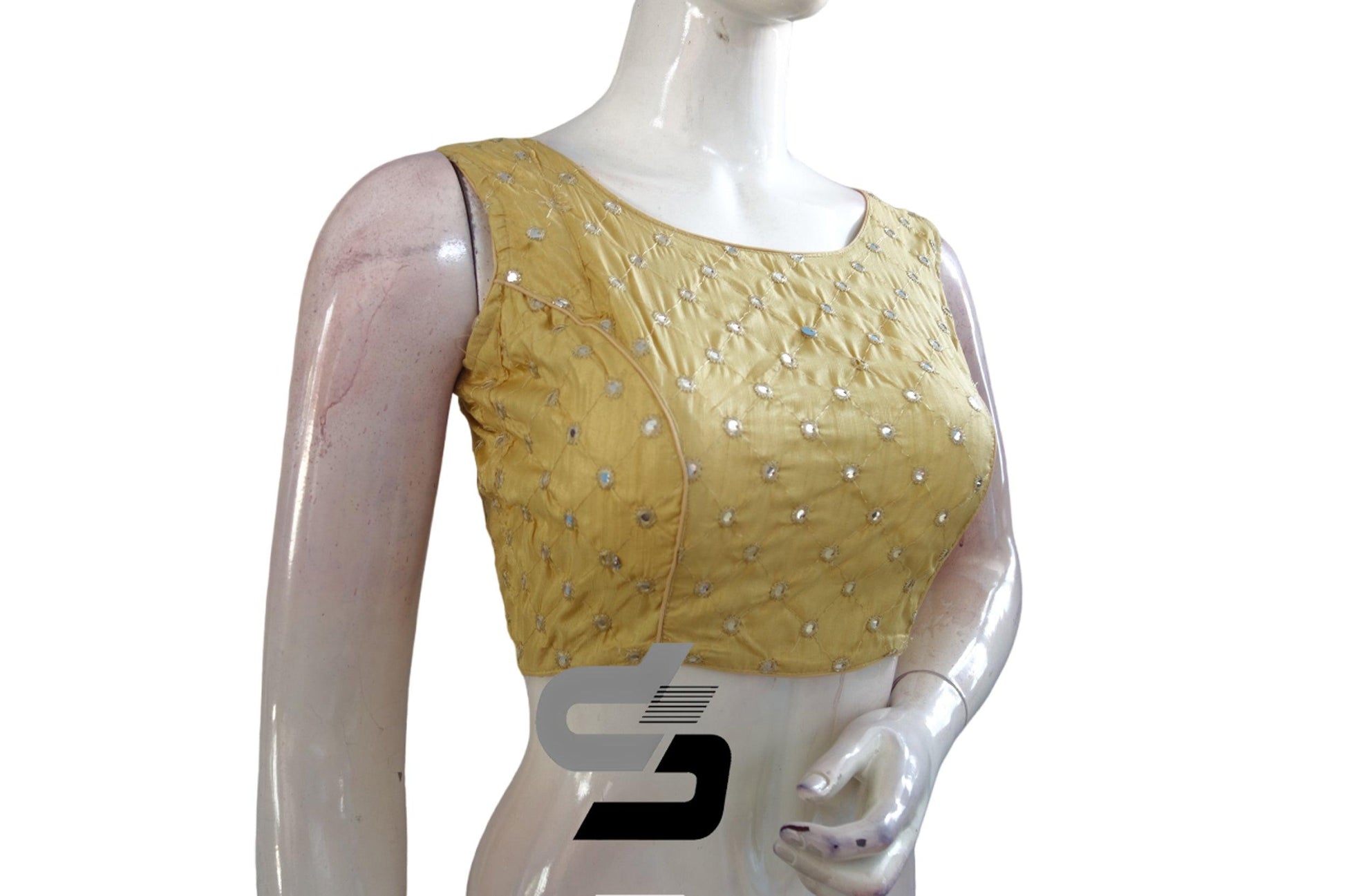 Gold Color Sleeveless Semi Silk Foil Mirror Designer Readymade Blouse, Party-ready Perfection - D3blouses