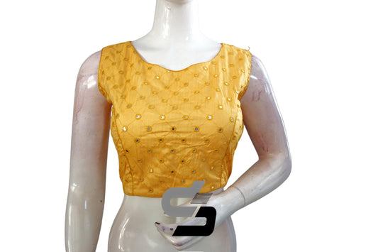 Mustard Yellow Sleeveless Semi Silk Blouse with Foil Mirror Accents, Make a Statement - D3blouses