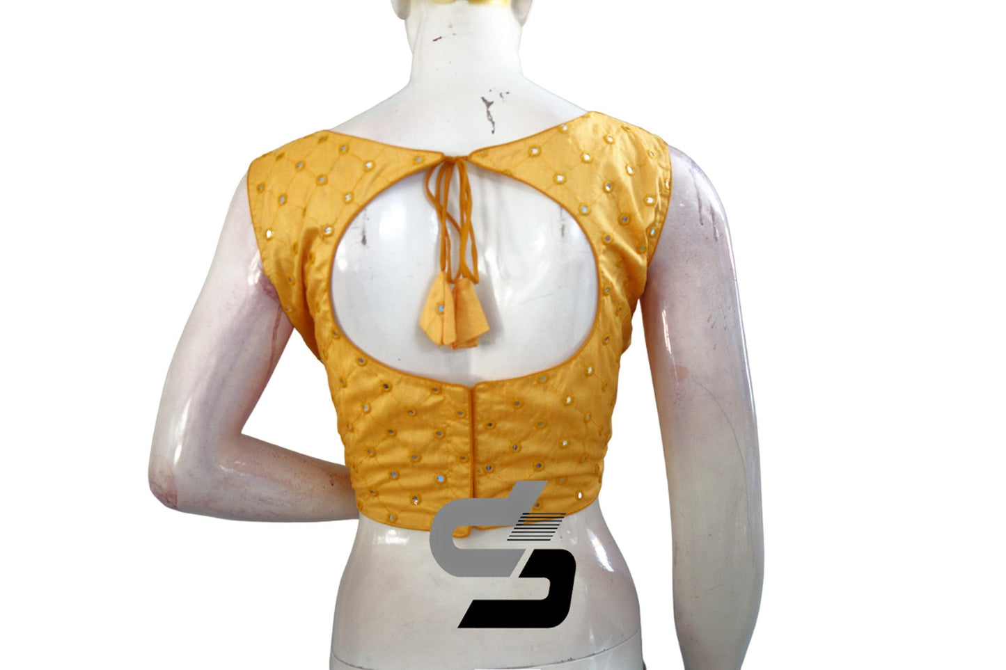 Mustard Yellow Sleeveless Semi Silk Blouse with Foil Mirror Accents, Make a Statement - D3blouses