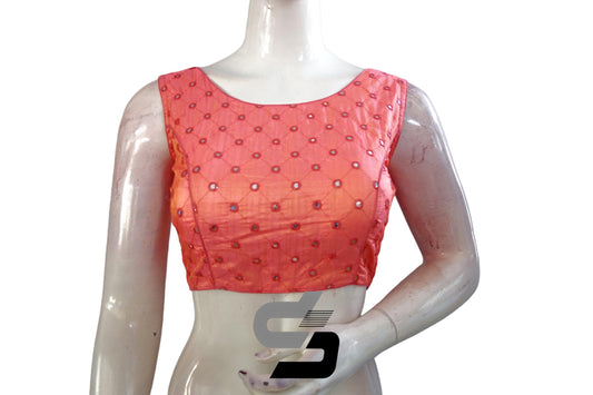 Peach Pink Color Sleeveless Semi Silk Foil Mirror Readymade Blouses and Indian Crop Tops, Exclusive Style - D3blouses