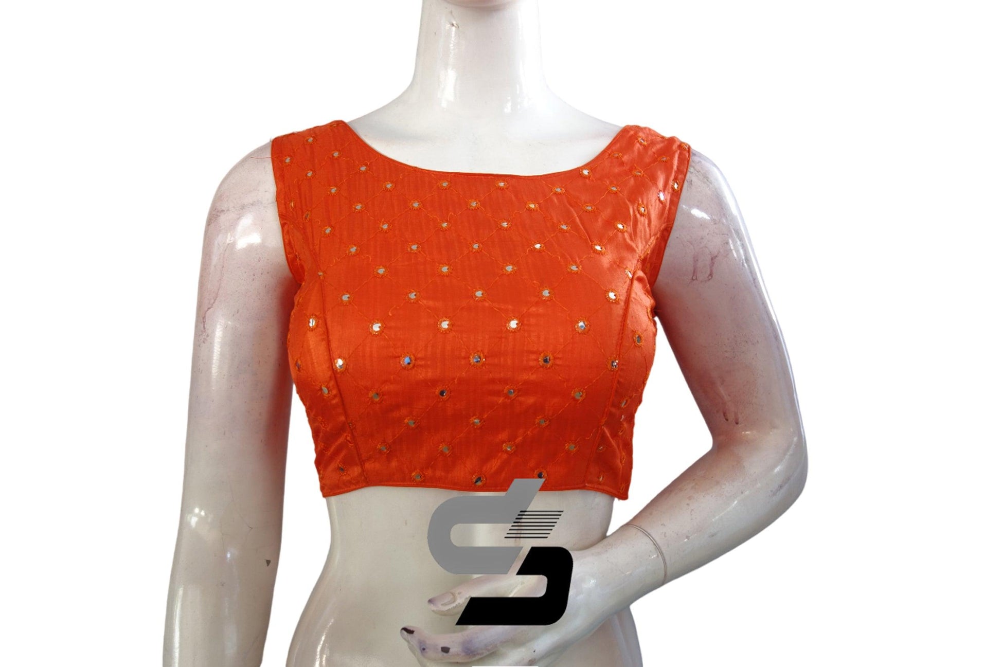 Orange Color Sleeveless Semi Silk Foil Mirror Designer Readymade Blouse, Luxurious Party Attire - D3blouses