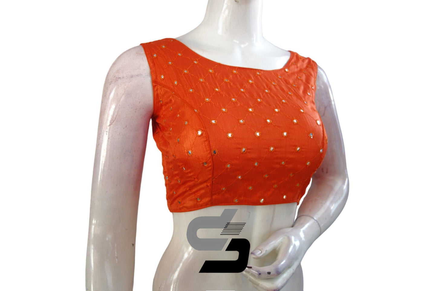 Orange Color Sleeveless Semi Silk Foil Mirror Designer Readymade Blouse, Luxurious Party Attire - D3blouses