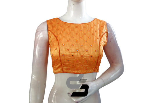 Mustard Orange Color Sleeveless Semi Silk Foil Mirror Party Wear Blouse, Get Ready to Shine - D3blouses