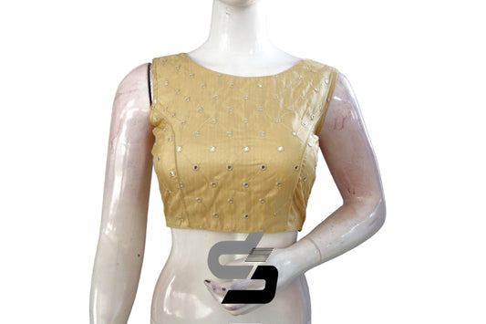 Gold Color Sleeveless Semi Silk Blouse with Foil Mirror Detailing, Ready for the Party - D3blouses