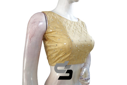 Gold Color Sleeveless Semi Silk Blouse with Foil Mirror Detailing, Ready for the Party - D3blouses