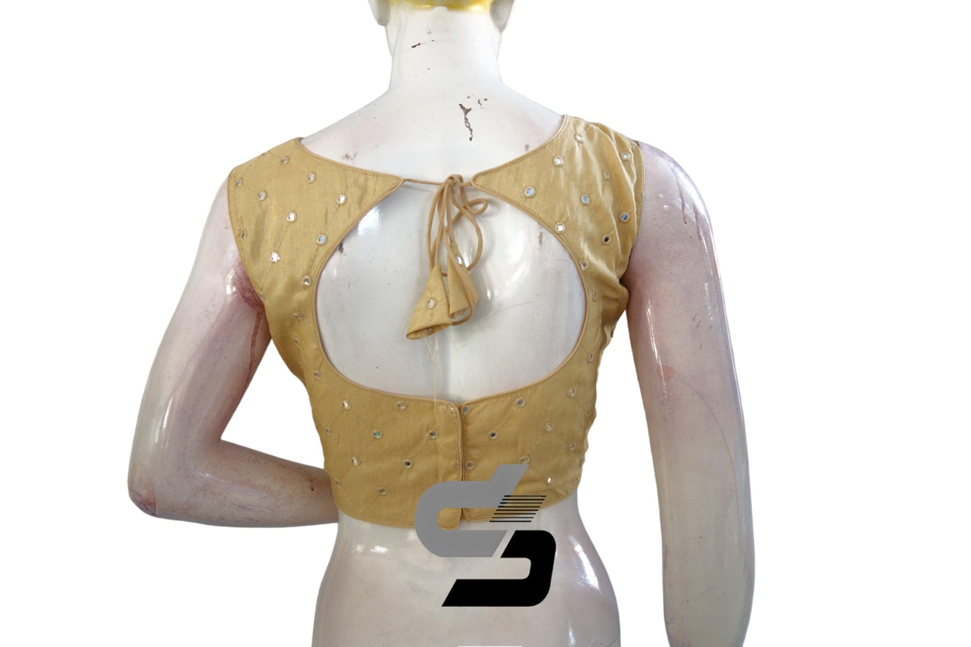 Gold Color Sleeveless Semi Silk Blouse with Foil Mirror Detailing, Ready for the Party - D3blouses