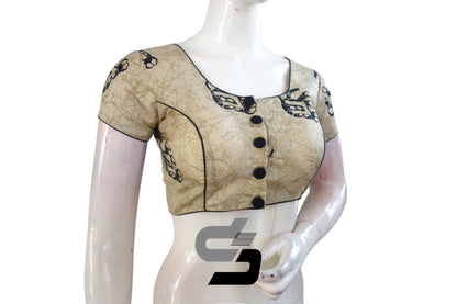 Beige Color Designer Printed silk Readymade saree blouse, Indian Readymade blouses - D3blouses