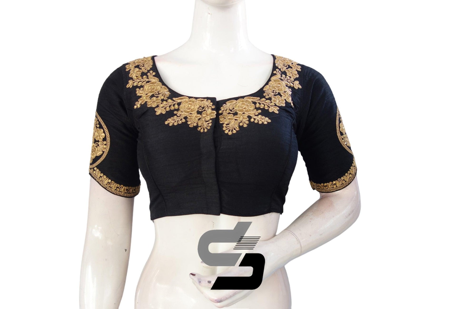 Black Color High Neck Designer Embroidery Readymade Saree Blouses, Elevate your look by incorporating a splash of vibrant hue. - D3blouses