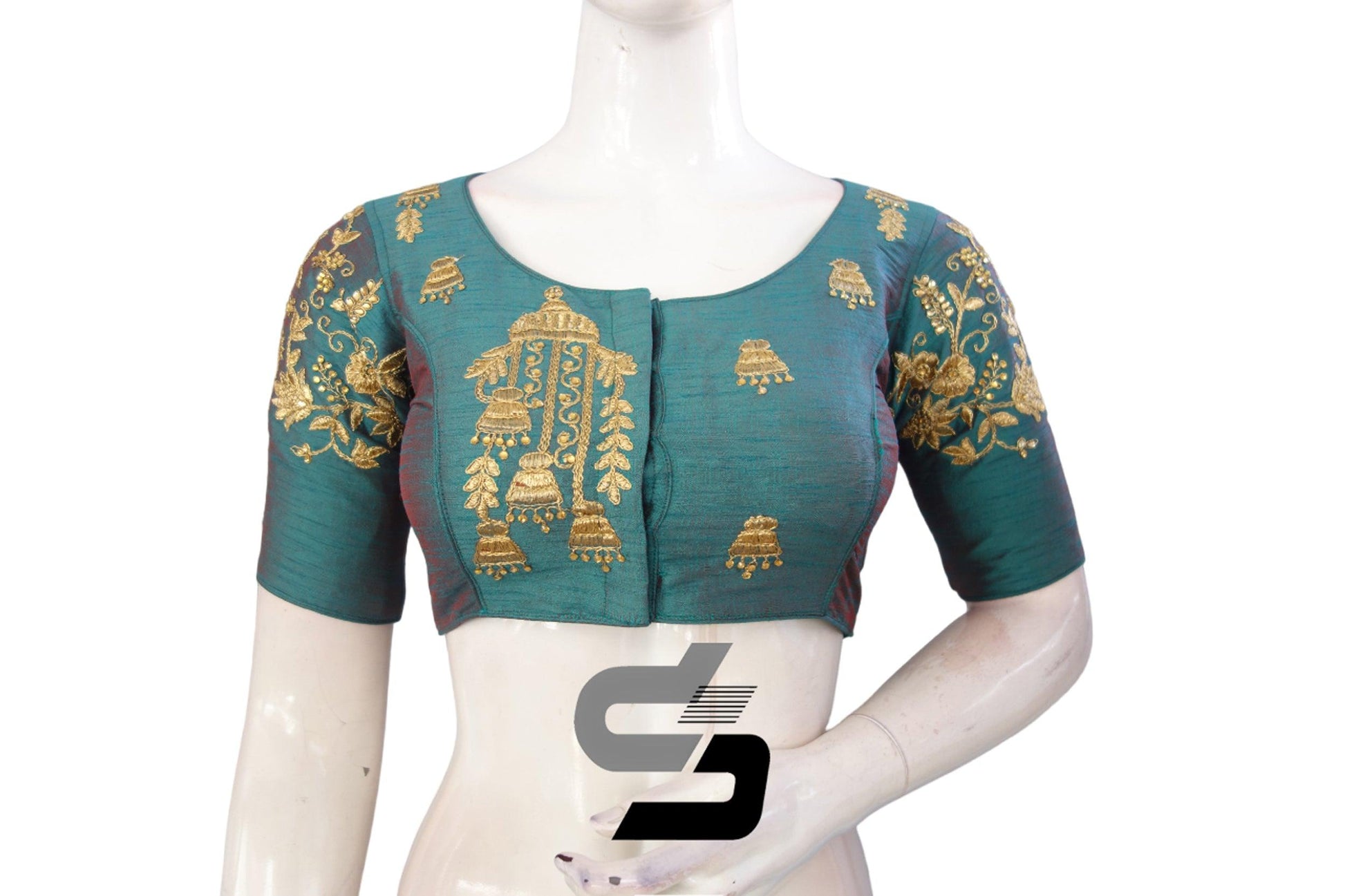 Teal Color High Neck Designer Embroidery Readymade Saree Blouses, Amp up your look with a pop of vibrant and vivid shades. - D3blouses