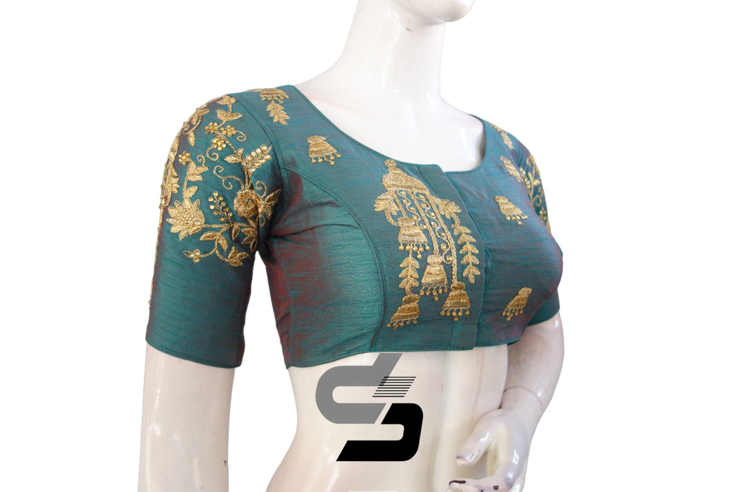 Teal Color High Neck Designer Embroidery Readymade Saree Blouses, Amp up your look with a pop of vibrant and vivid shades. - D3blouses