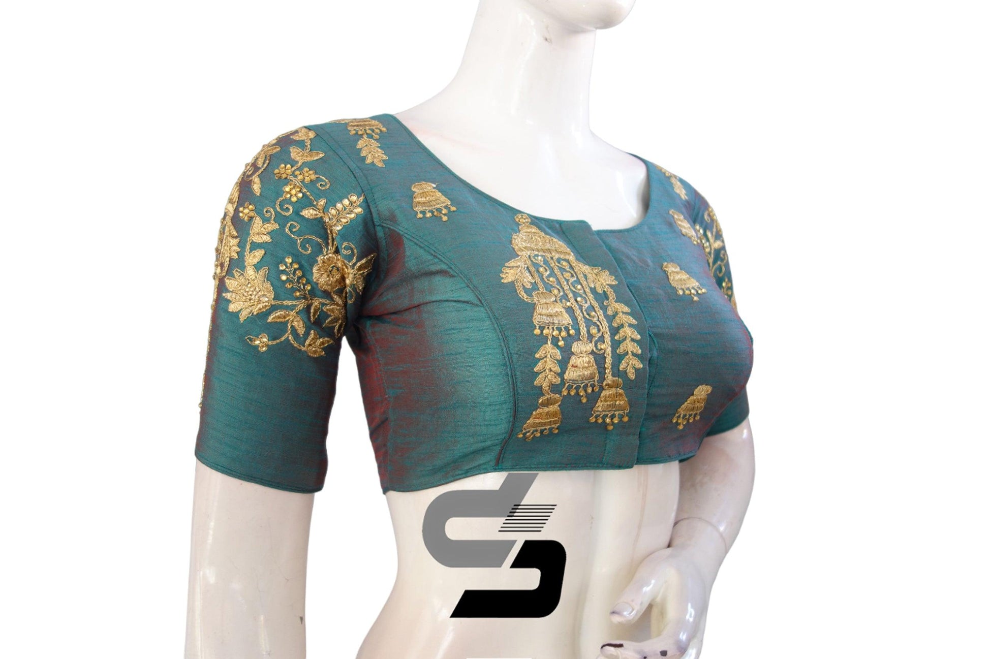 Teal Color High Neck Designer Embroidery Readymade Saree Blouses, Amp up your look with a pop of vibrant and vivid shades. - D3blouses