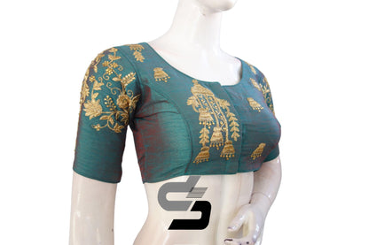 Teal Color High Neck Designer Embroidery Readymade Saree Blouses, Amp up your look with a pop of vibrant and vivid shades. - D3blouses