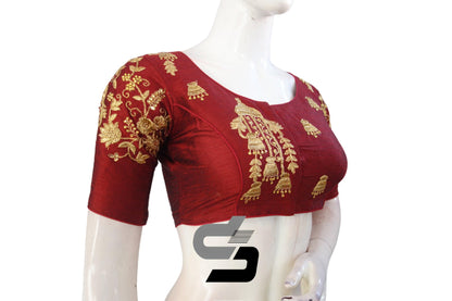 Maroon Color High Neck Designer Embroidery Readymade Saree Blouses, Instantly uplift and brighten your overall look. - D3blouses