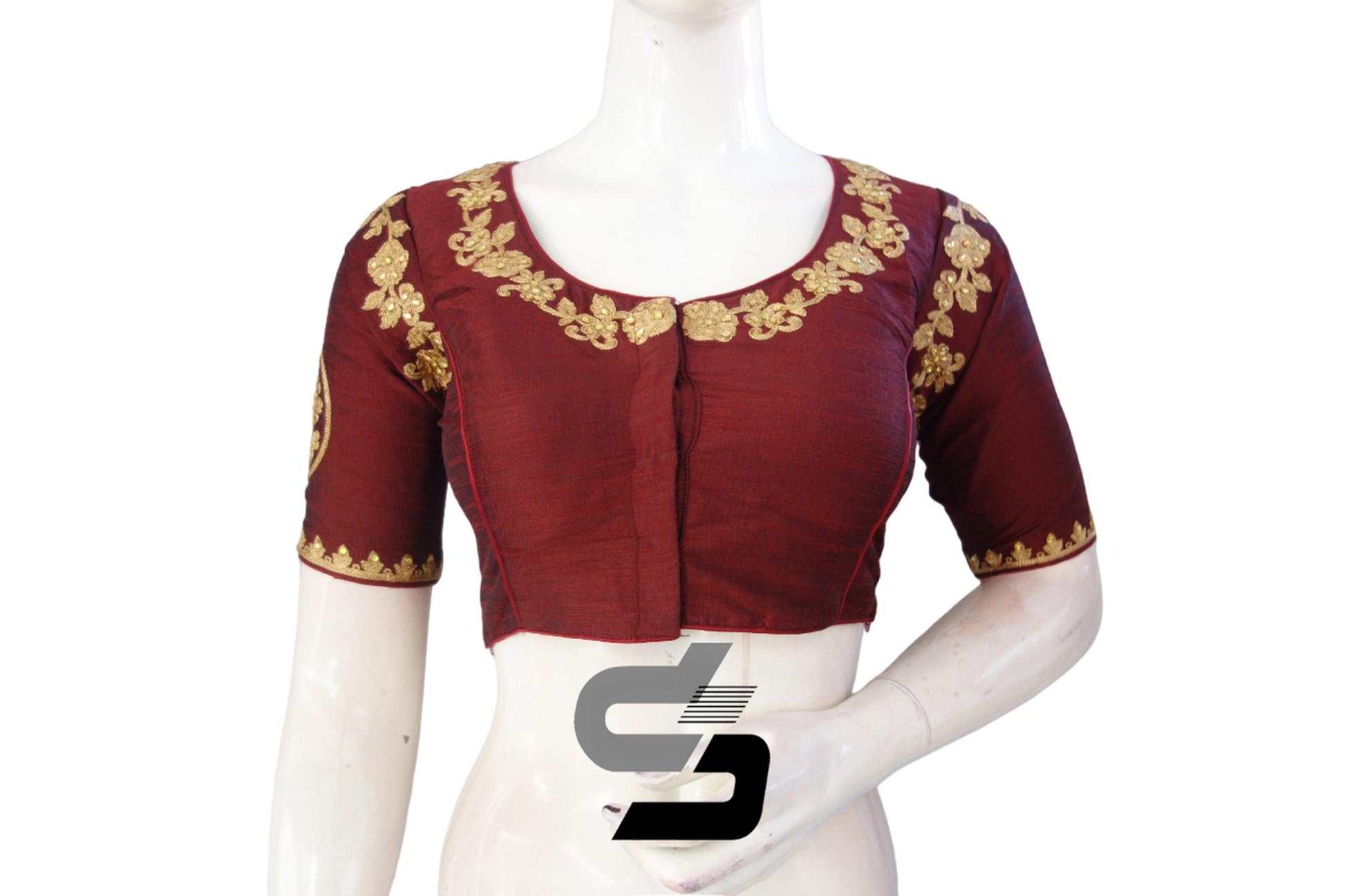 Maroon Color High Neck Designer Embroidery Readymade Saree Blouses, Add a lively twist to your look. - D3blouses