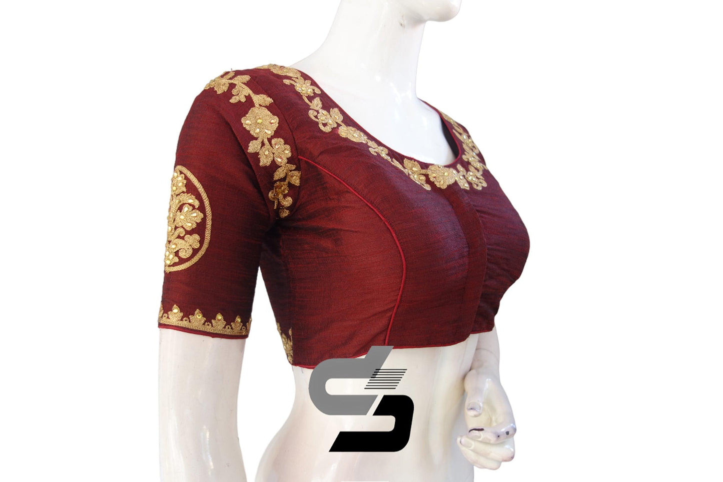 Maroon Color High Neck Designer Embroidery Readymade Saree Blouses, Add a lively twist to your look. - D3blouses