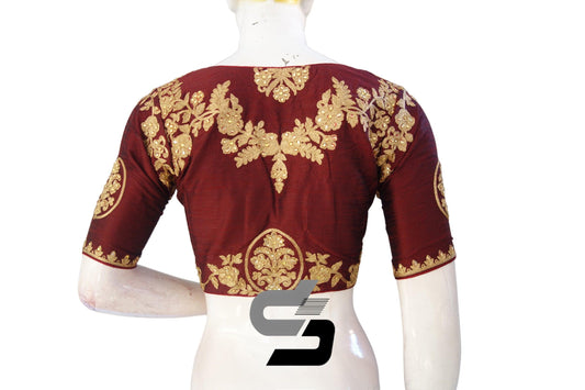 Maroon Color High Neck Designer Embroidery Readymade Saree Blouses, Add a lively twist to your look. - D3blouses