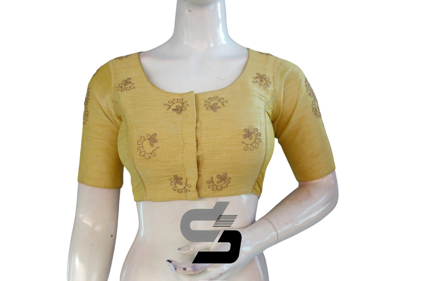 Banana Gold Color High Neck Designer Embroidery Readymade Saree Blouses, Shop now and Embrace Elegance - D3blouses