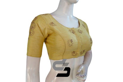 Banana Gold Color High Neck Designer Embroidery Readymade Saree Blouses, Shop now and Embrace Elegance - D3blouses