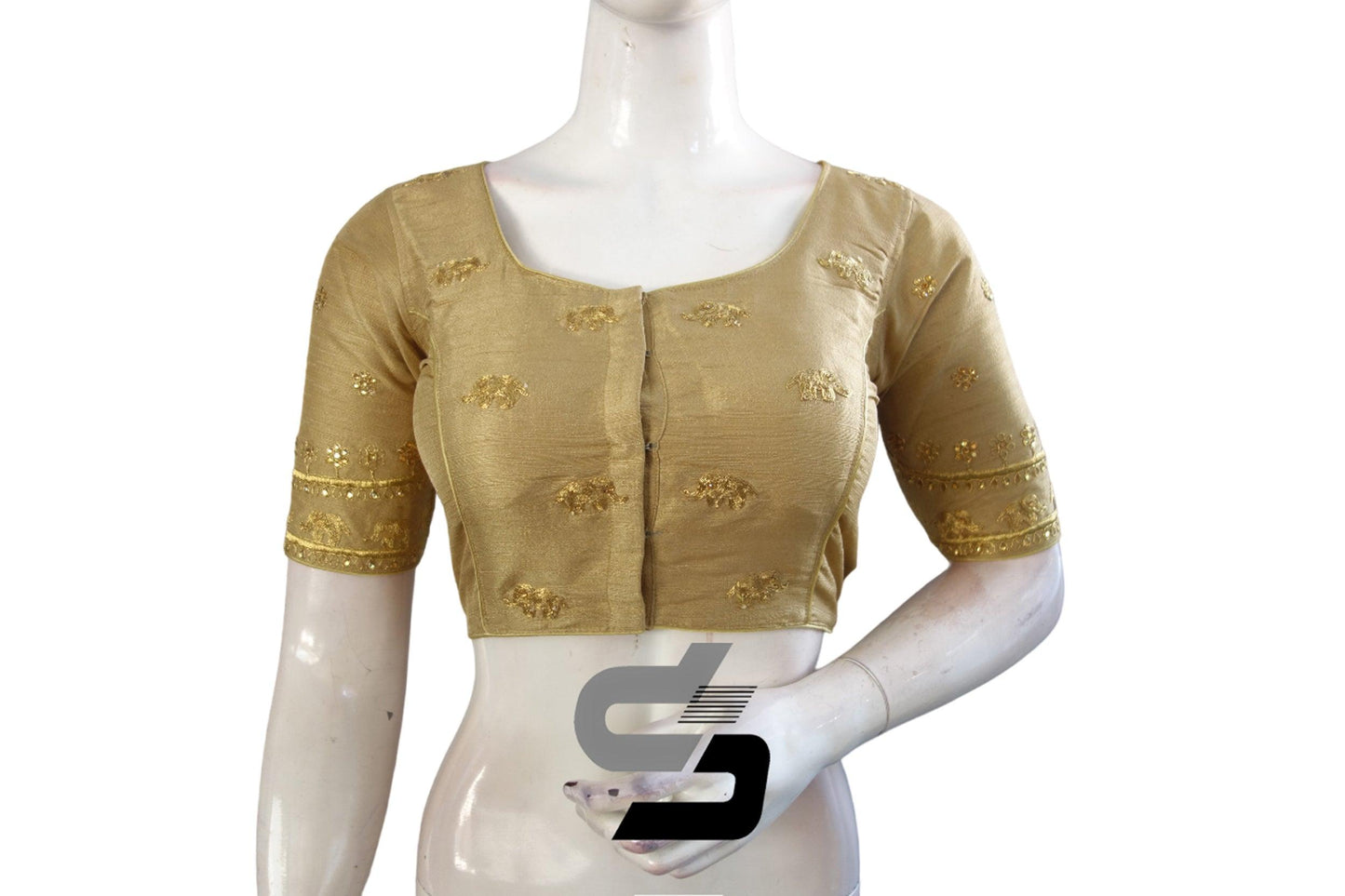 Gold Color High Neck Designer Embroidery Readymade Saree Blouses, Exudes confidence and charisma - D3blouses