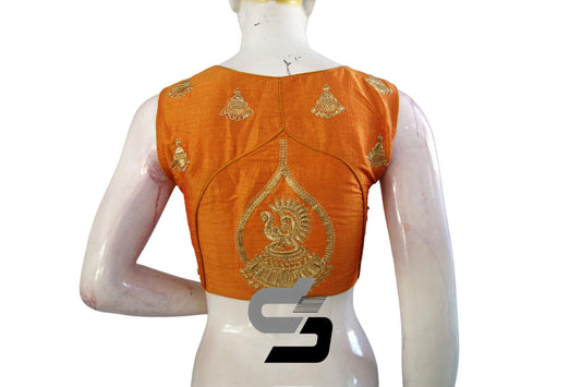 Transform your look with vibrant elegance wearing our Mustard Orange High Neck Designer Embroidered Saree Blouses.