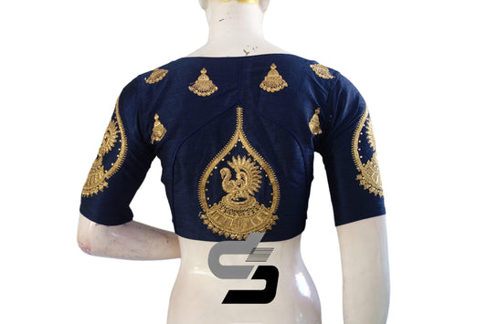 Navy Blue Color High Neck Designer Embroidery Readymade Saree Blouses, Bold and eye-catching appearance. - D3blouses