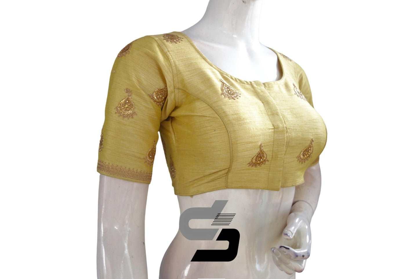 Gold Color Semi Silk High Neck Embroidery Readymade Saree Blouse and Crop top - D3blouses